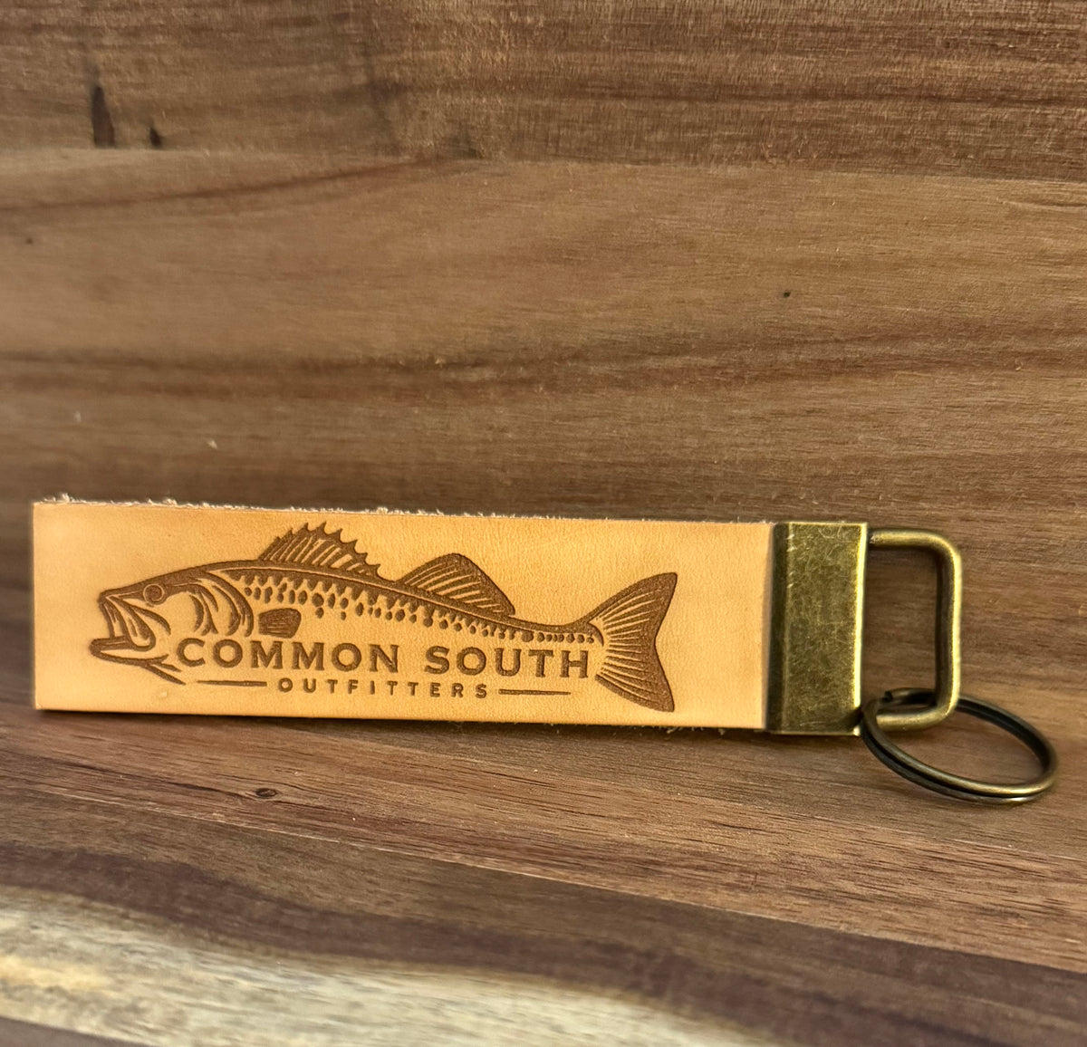 Common South Outfitters leather keychain engraved with a bass