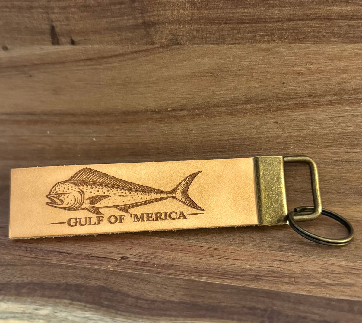 Leather keychain engraved with a mahi-mahi and Gulf of 'Merica